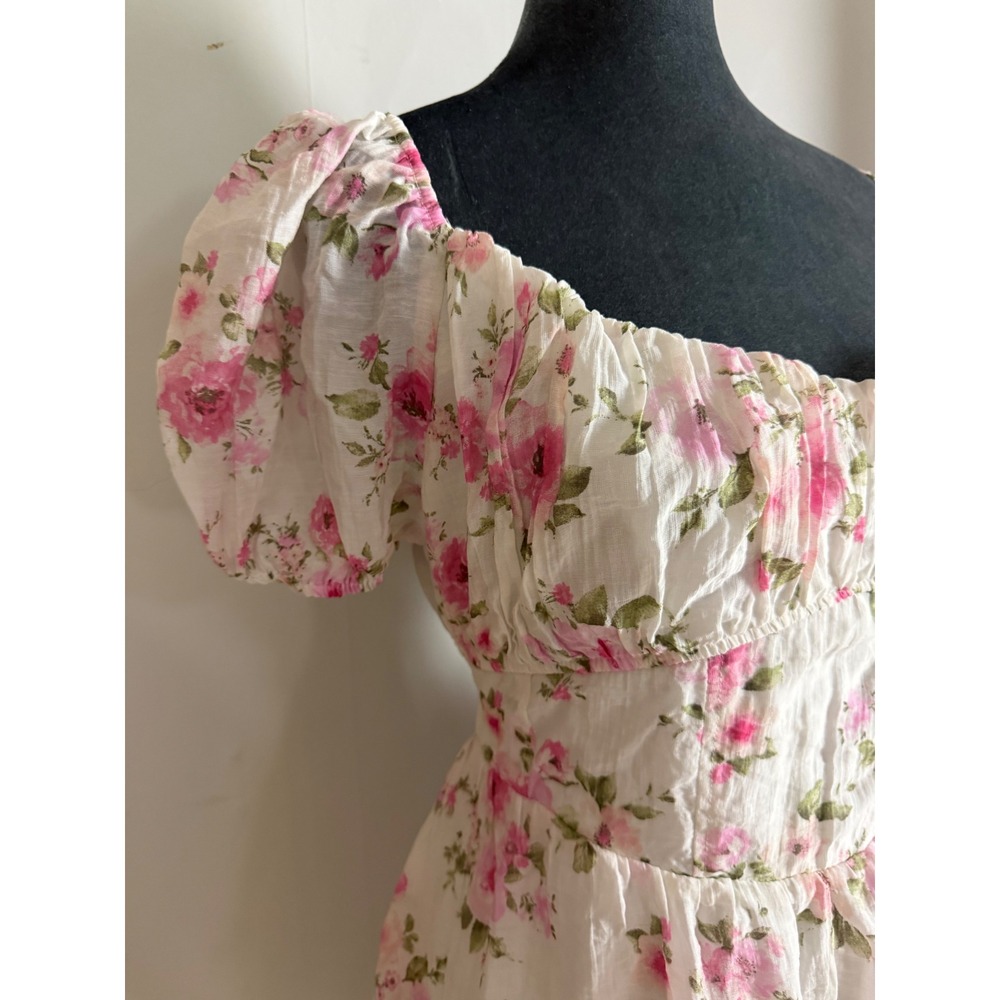 Pink Floral Puff Sleeve open Back Mini Dress XL Cottagecore milkmaid Princess XL - Picture 8 of 14